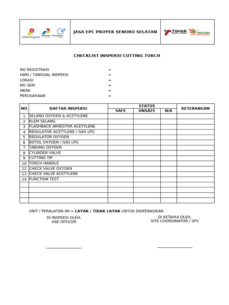 Checklist Inspeksi Cutting Torch EPC | PDF