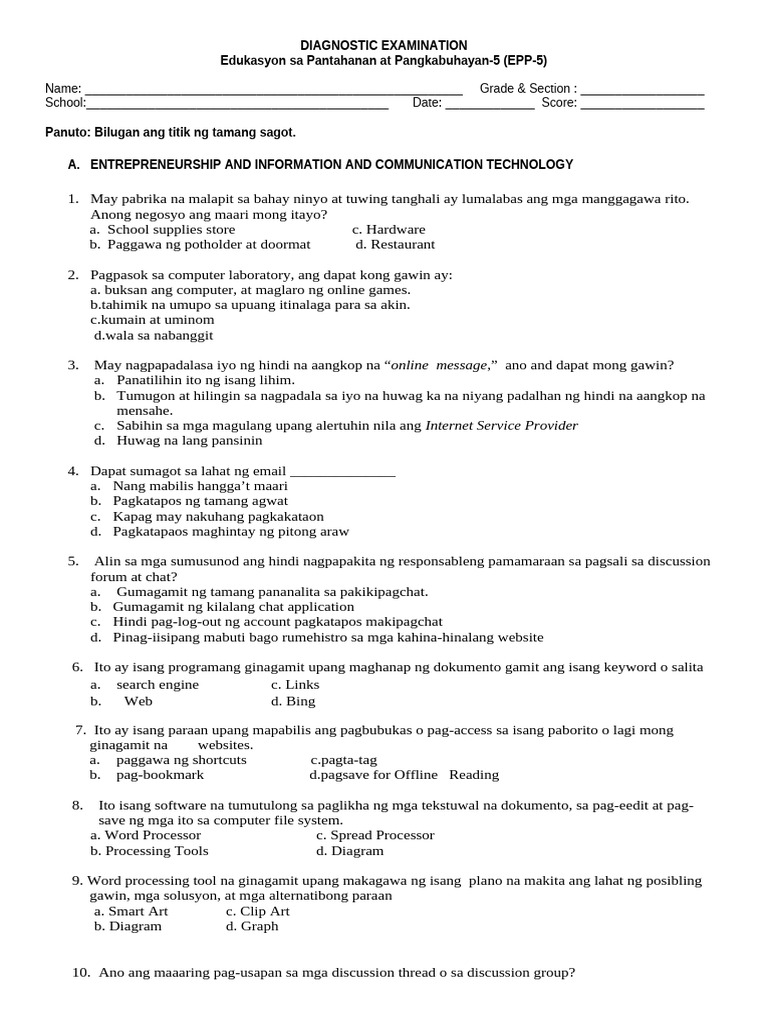 Re Test EPP 5 With Key To Corrections and Table of Spec | PDF