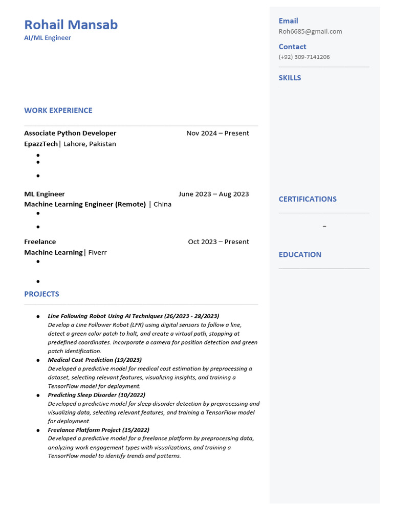 AI/ML Engineer Rohail Mansab Profile | PDF | Machine Learning ...
