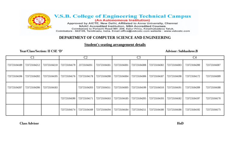 II CSE D Student Seating Arrangement | PDF