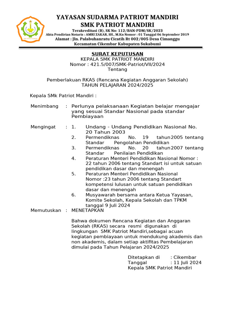 RKAS SMK Patriot Mandiri 2024/2025 | PDF