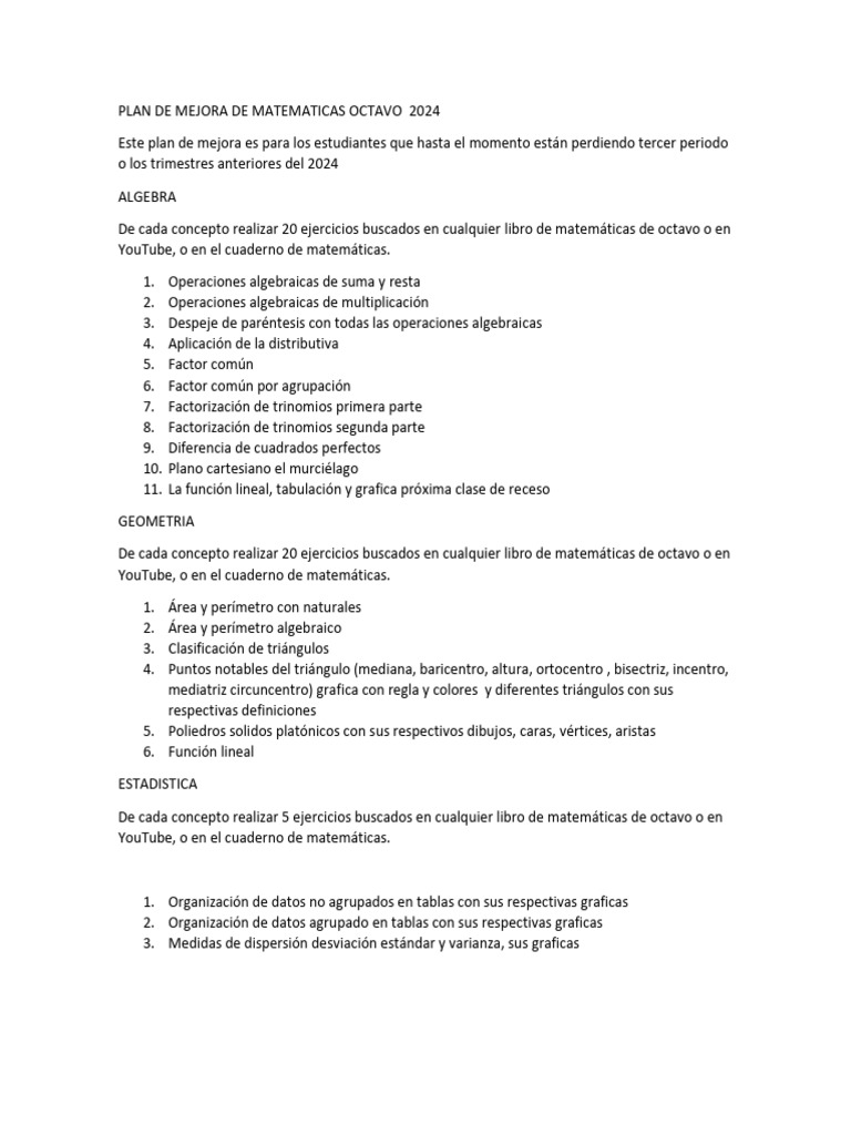 Plan de Mejora en Matemáticas 8° 2024 | PDF