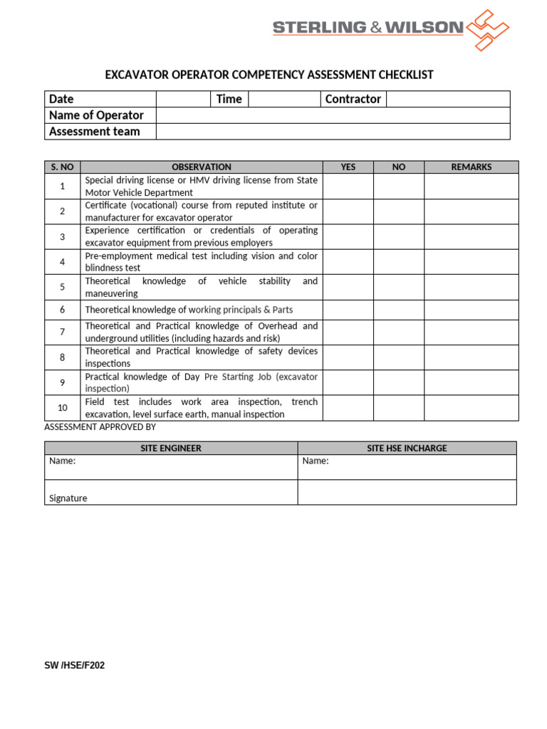 Excavator Operator Competency Checklist | PDF