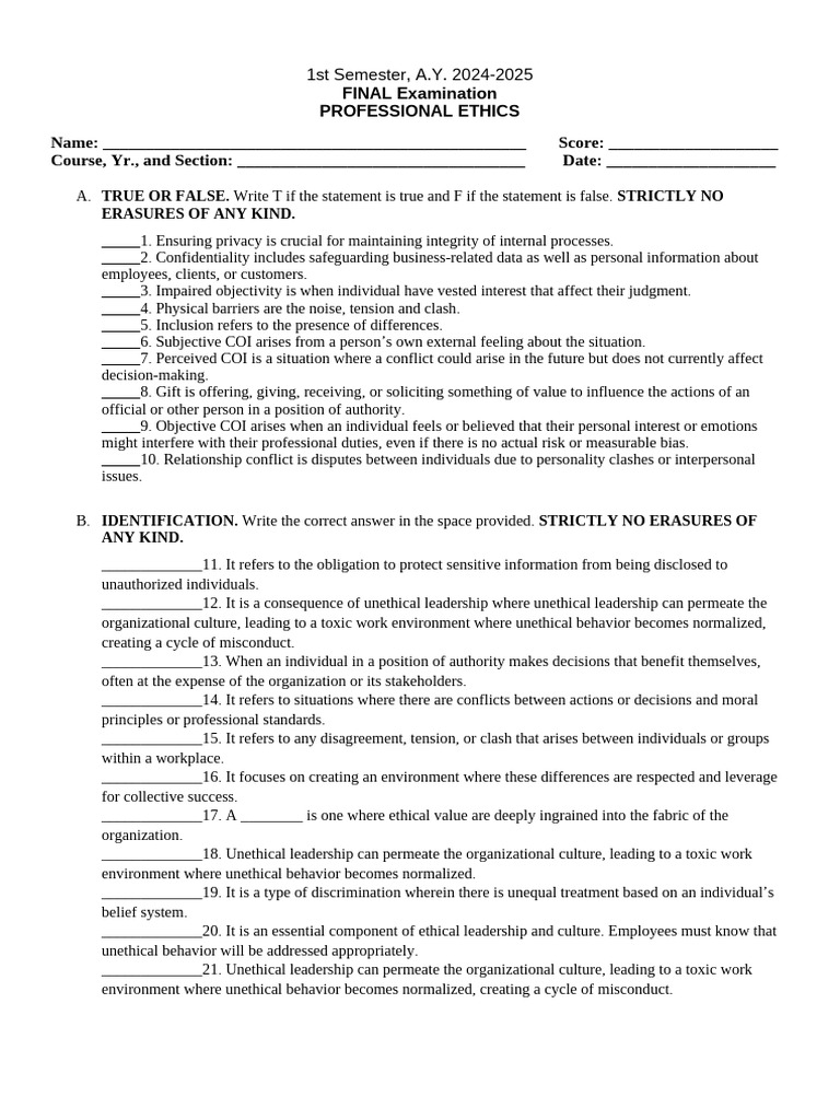 Professional Ethics Final Exam 2024 Pdf Leadership Organizational