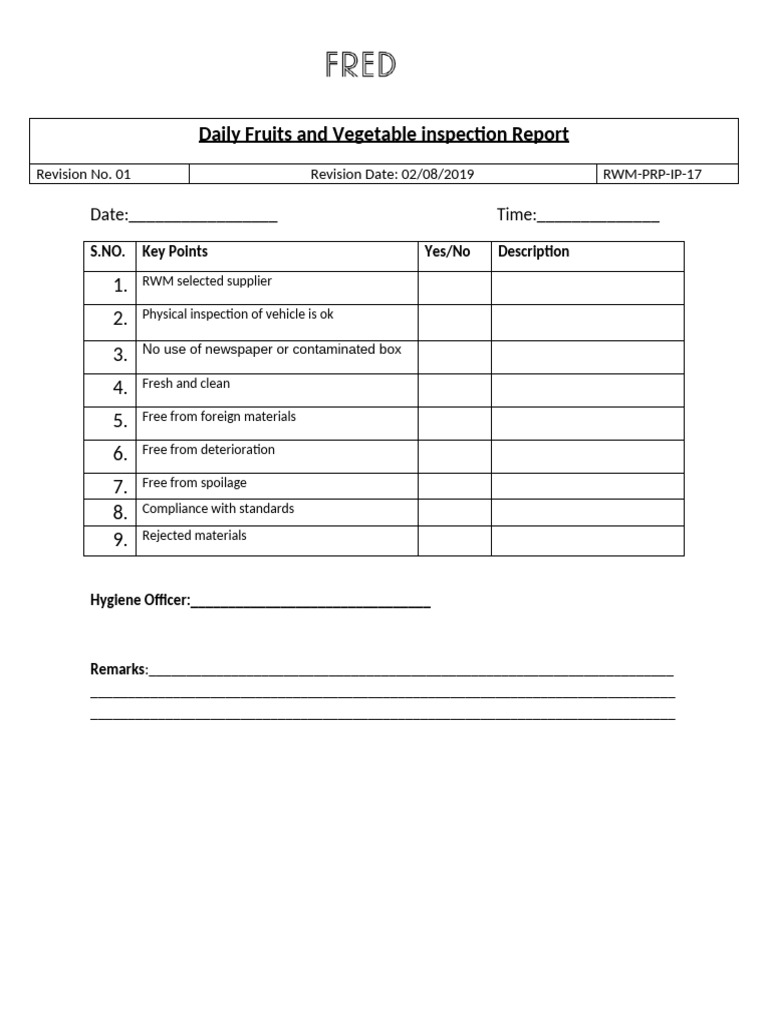 Daily Fruits and Vegetables Inspection Report | PDF