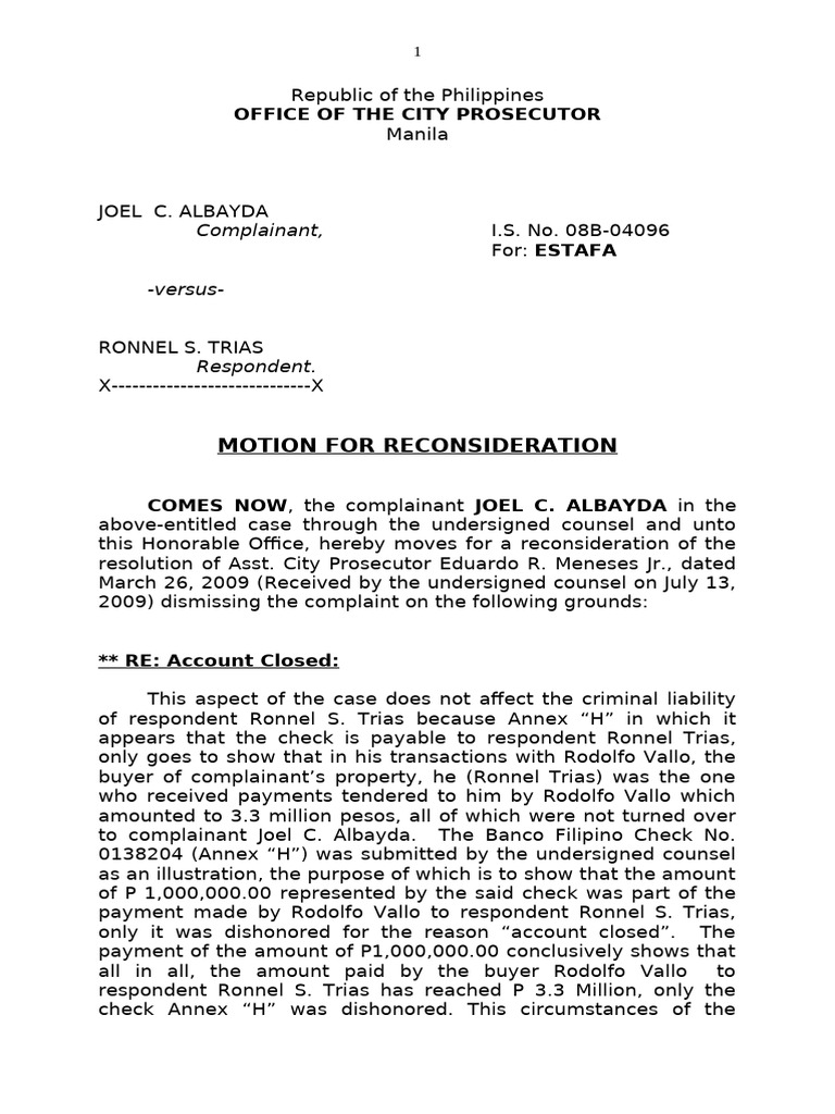 Motion For Reconsideration | PDF | Receipt | Common Law