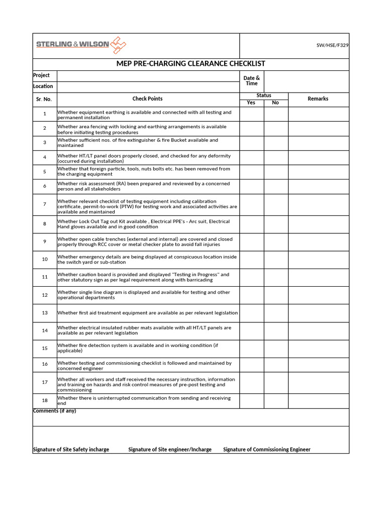 Substation Pre-Charging Safety Checklist | PDF | Safety | Occupational ...