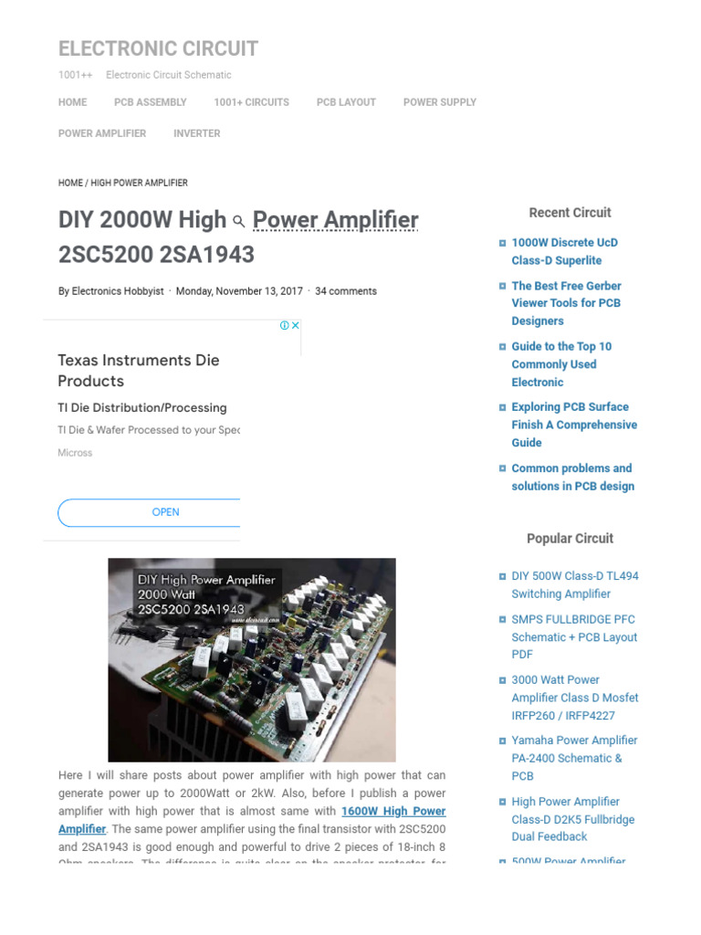 DIY 2000W High Power Amplifier 2SC5200 2SA1943 - Electronic Circuit
