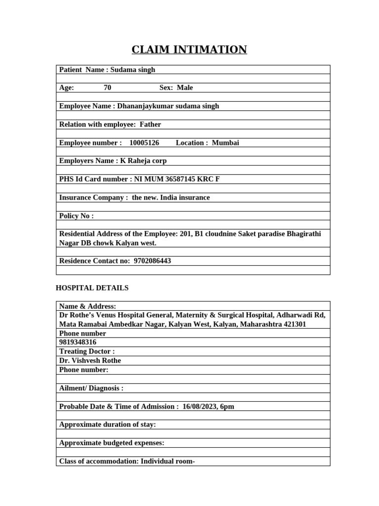 Claim Intimation Format 1 PDF