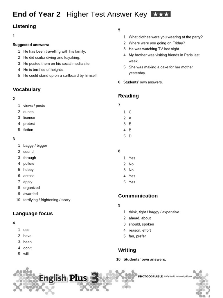 Year 2 Test Answer Key Guide | PDF | Underwater Diving | Linguistics
