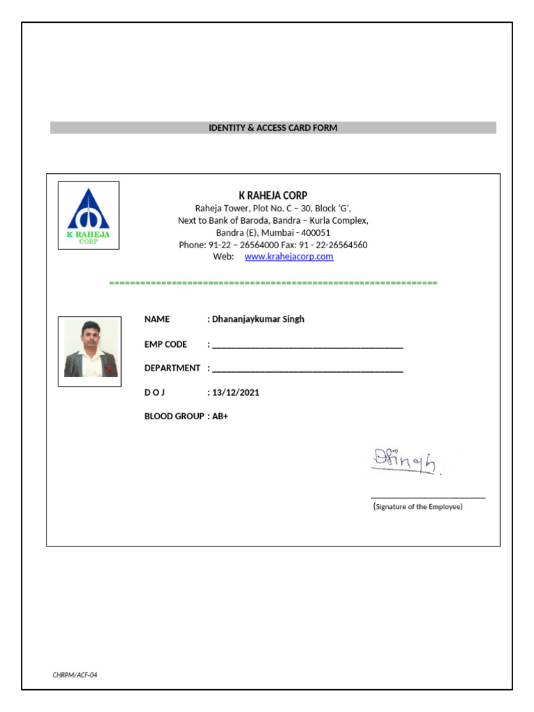 Employee Identity & Access Card Form | PDF