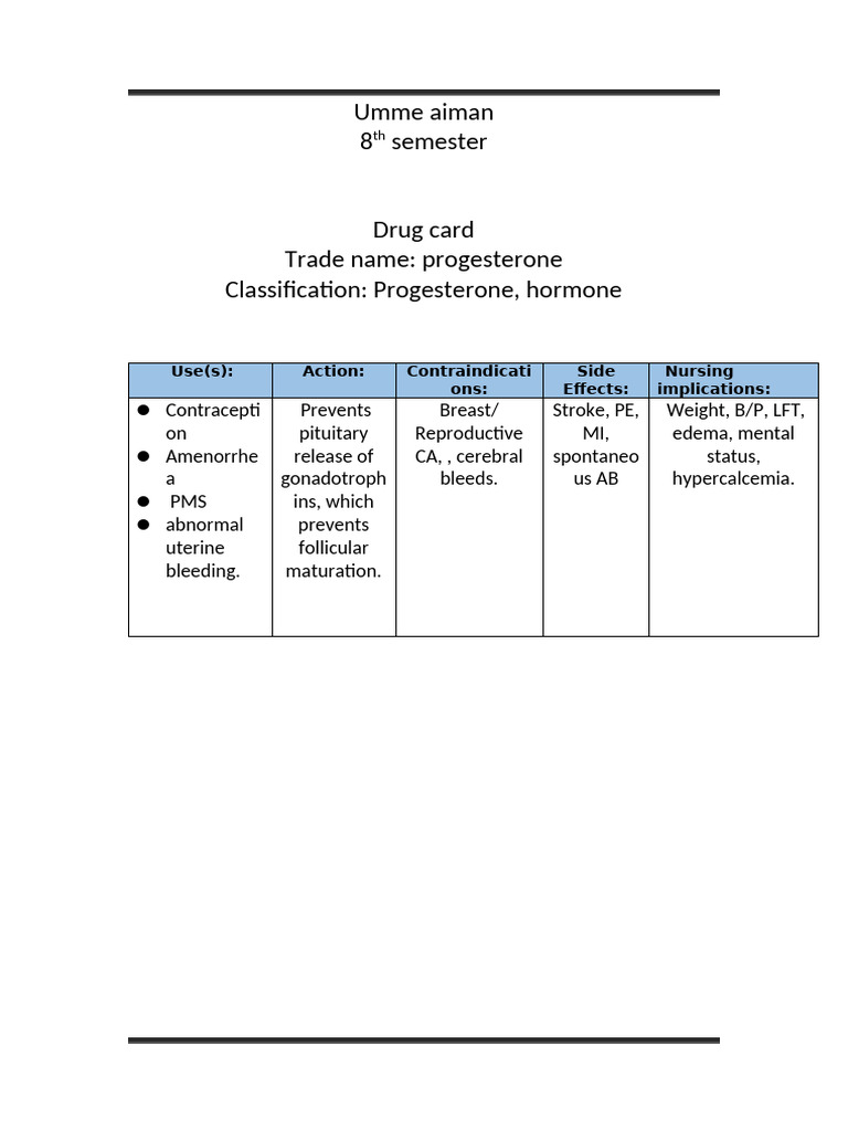 Progesterone Drug Card Overview | PDF