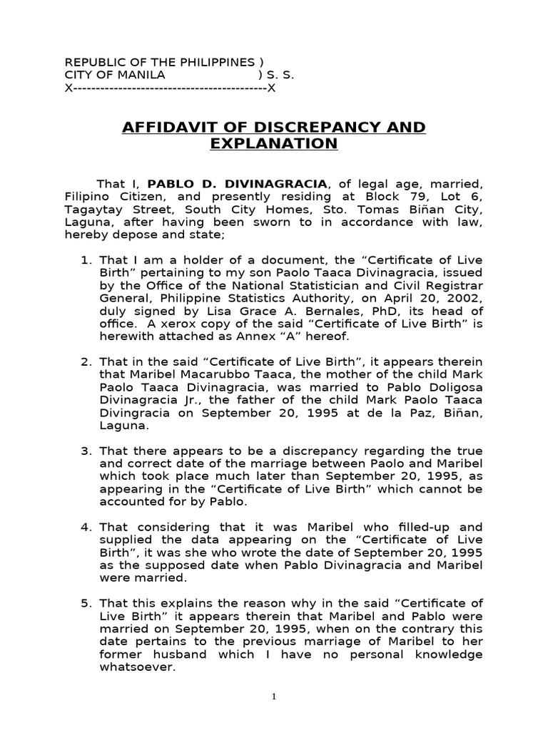 AFFIDAVIT OF DISCREPANCY AND EXPLANATION | PDF | Government | Civil Law ...