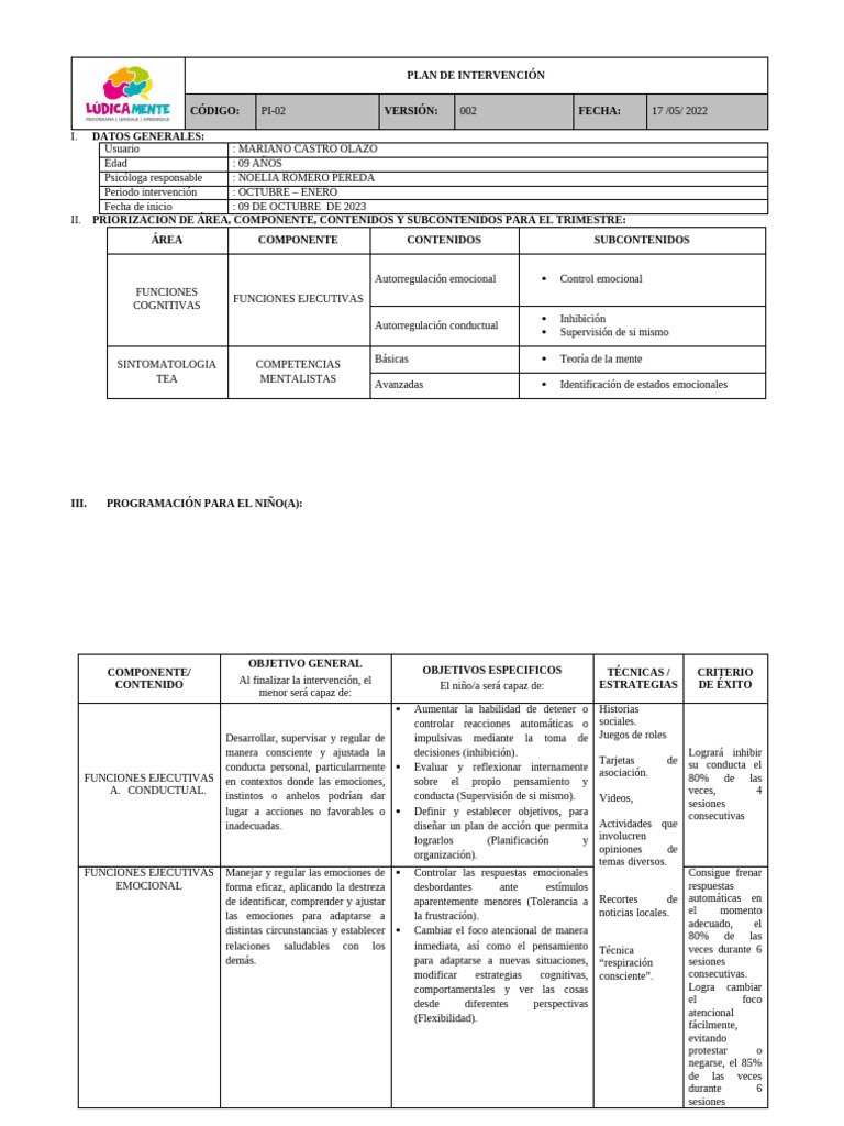 Plan de Intervención Mariano Castro | PDF | Las emociones | Comportamiento