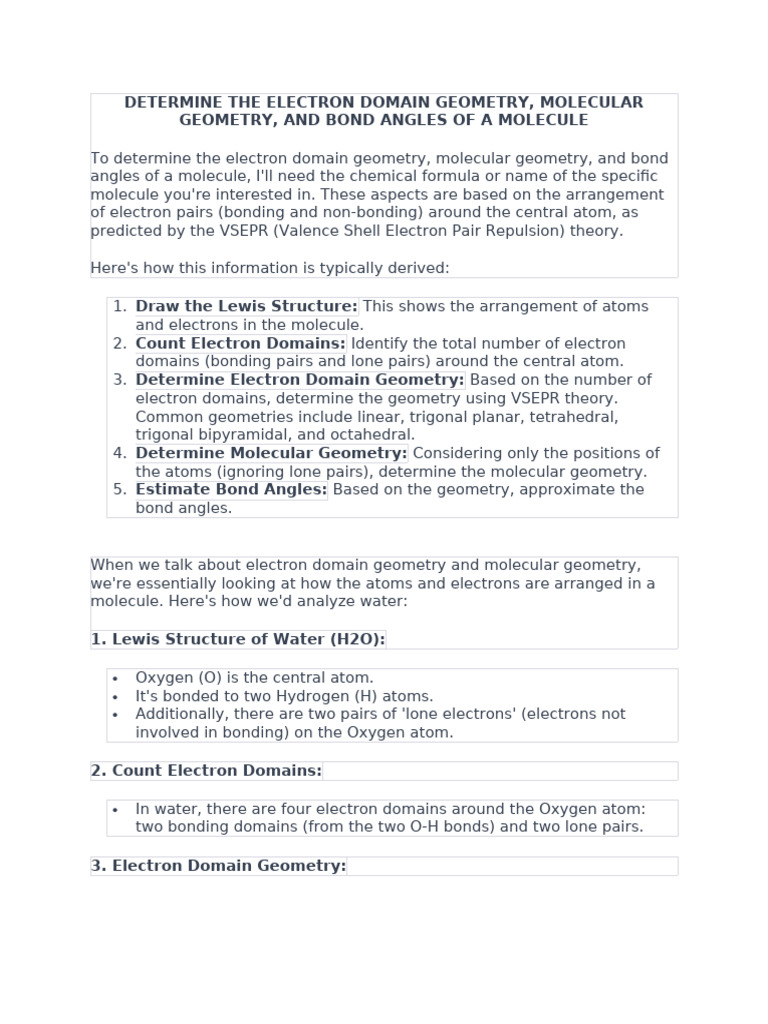 Water's Electron Domain and Geometry PDF Molecules Chemical Bond