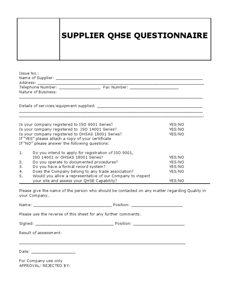 Supplier QHSE Assessment Questionnaire | PDF