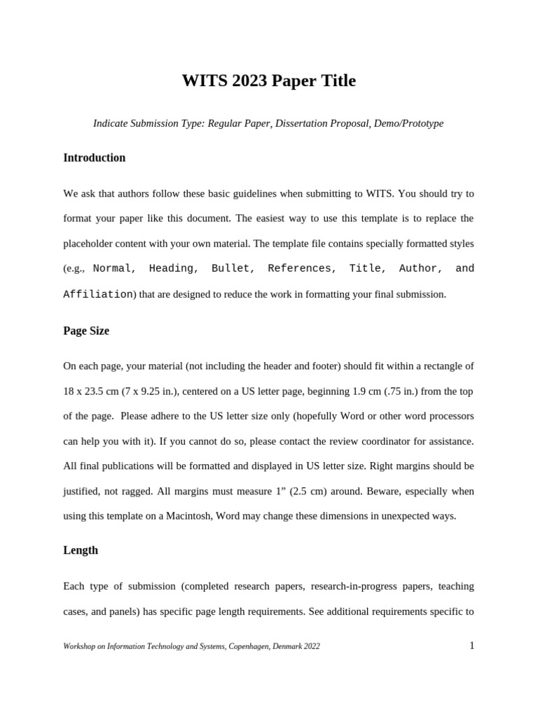 WITS 2023 Submission Guidelines | PDF | Times New Roman | Typefaces