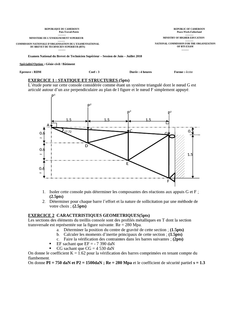 Examen RDM BTS Génie Civil 2018 | PDF | Flexion (matériau) | Treillis ...