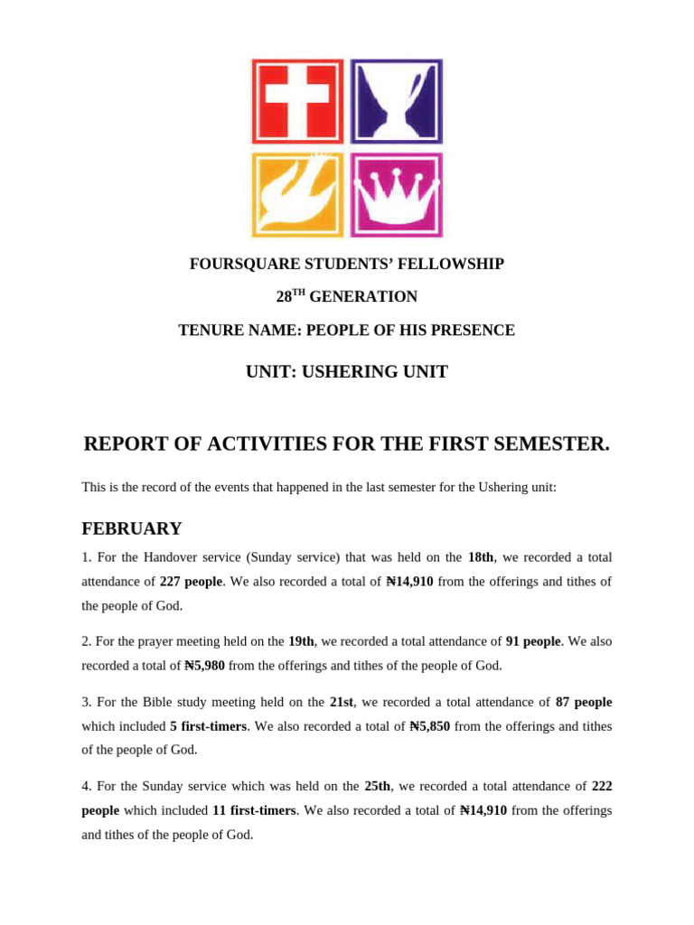 Ushering Unit Activity Report: Semester 1 | PDF