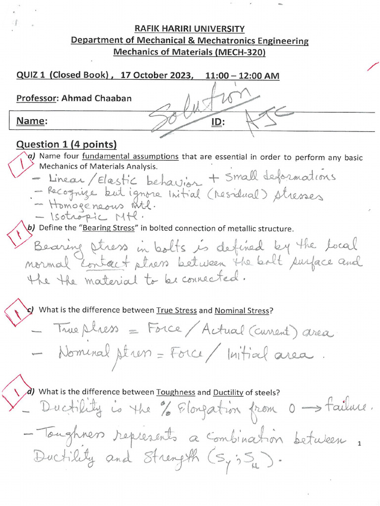 Exam 1 Solution Mech 320 | PDF