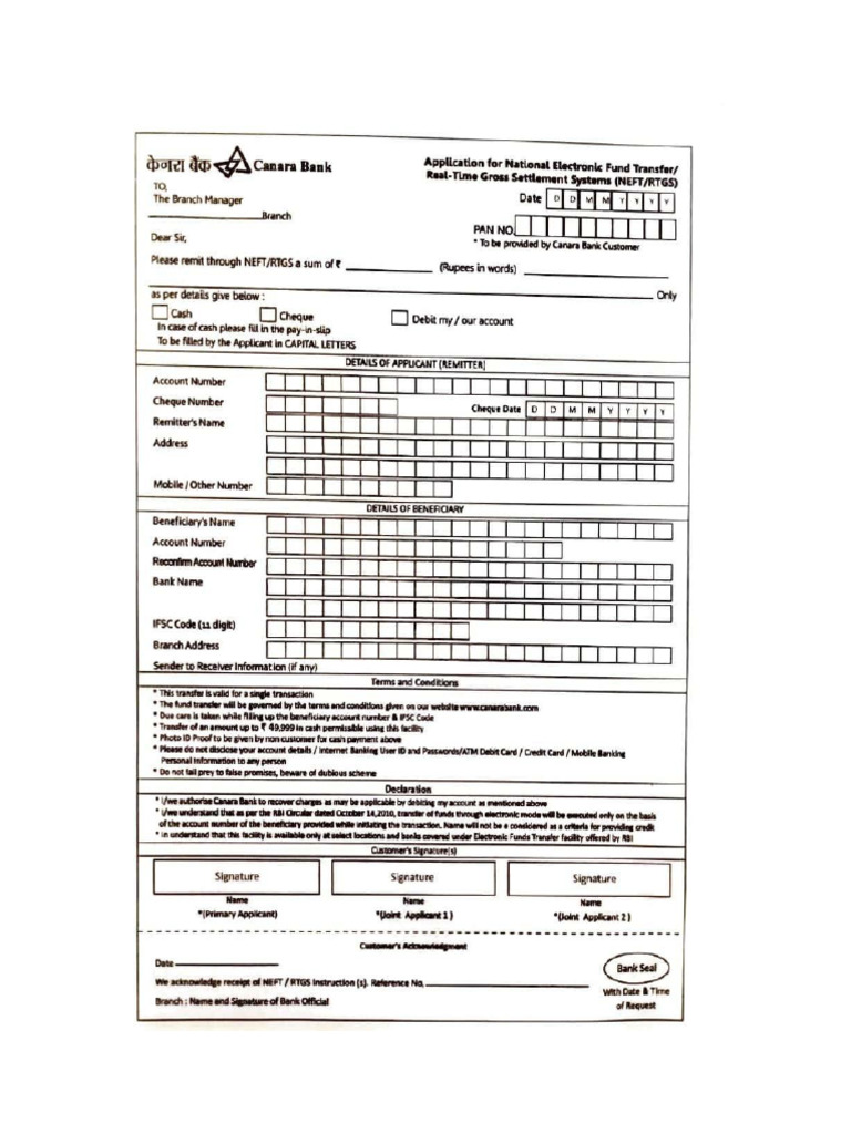 Canara Bank NEFT Form | PDF