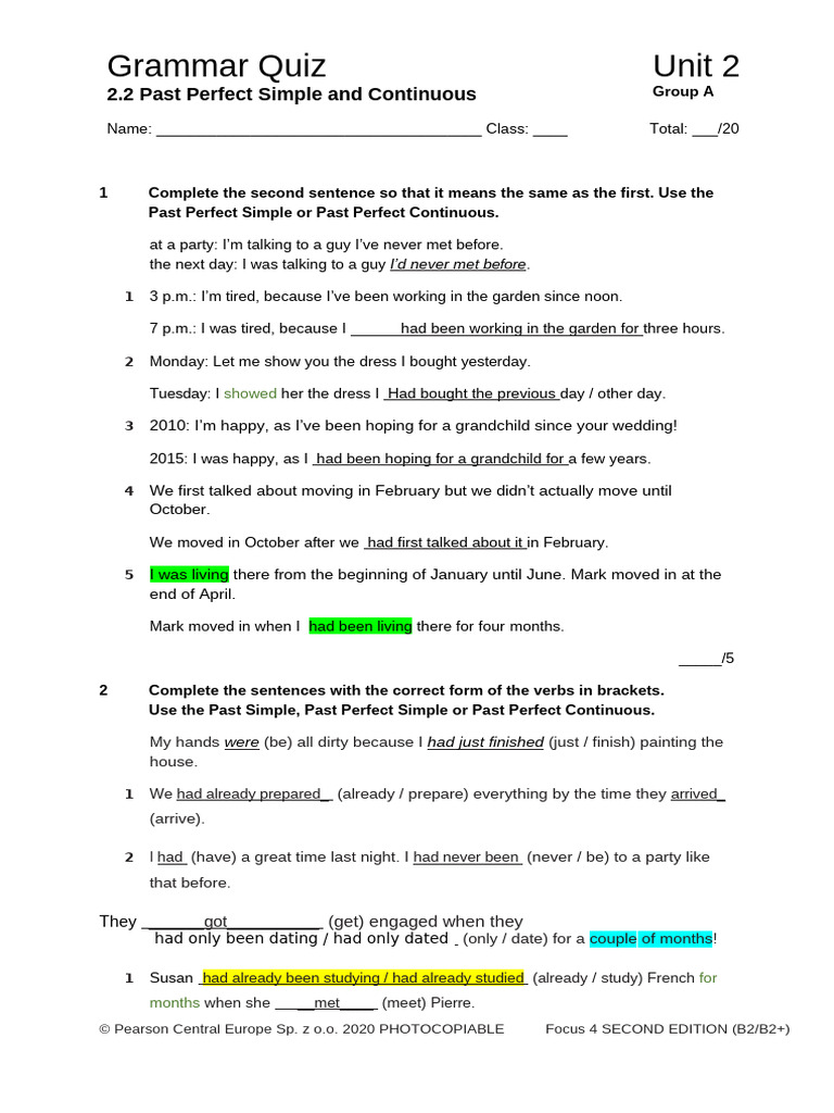 Past Perfect and Continuous Unit 2 Focus 4 | PDF | Perfect (Grammar ...