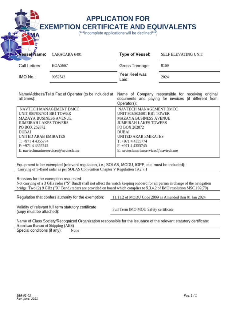Seg-01-02 - Application For Exemption Radar S Band | PDF | Shipping