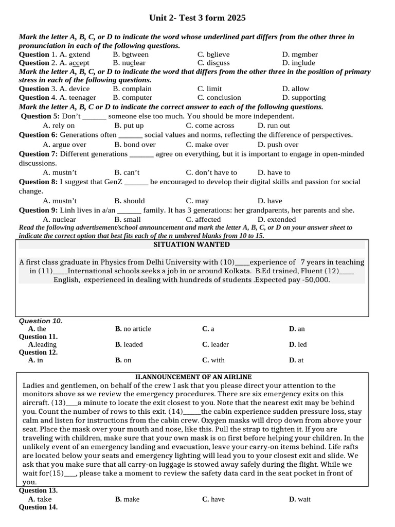 2025 Unit 2 Test 3: Pronunciation & Vocabulary | PDF