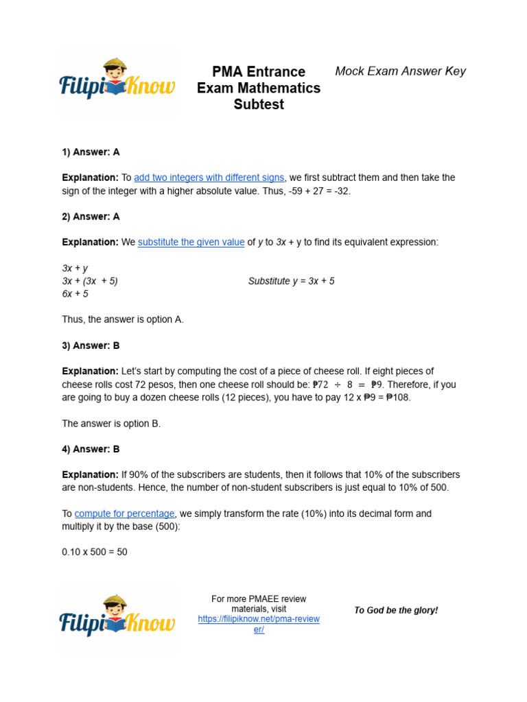PMA Entrance Exam Math Mock Answer Key | PDF | Area | Triangle