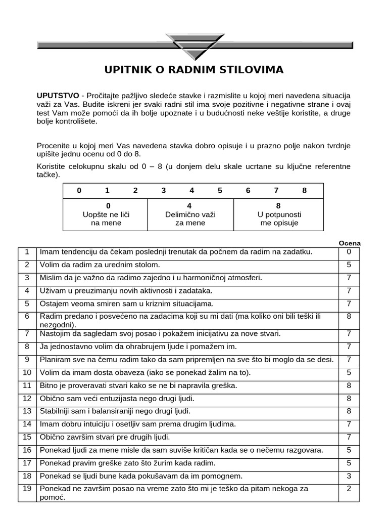 Test - Upitnik o Radnim Stilovima | PDF