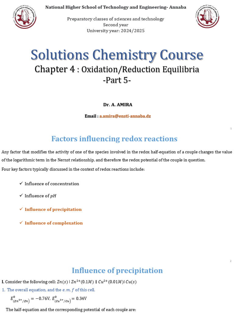Redox Equilibria in Chemistry Solutions | PDF | Redox | Electricity