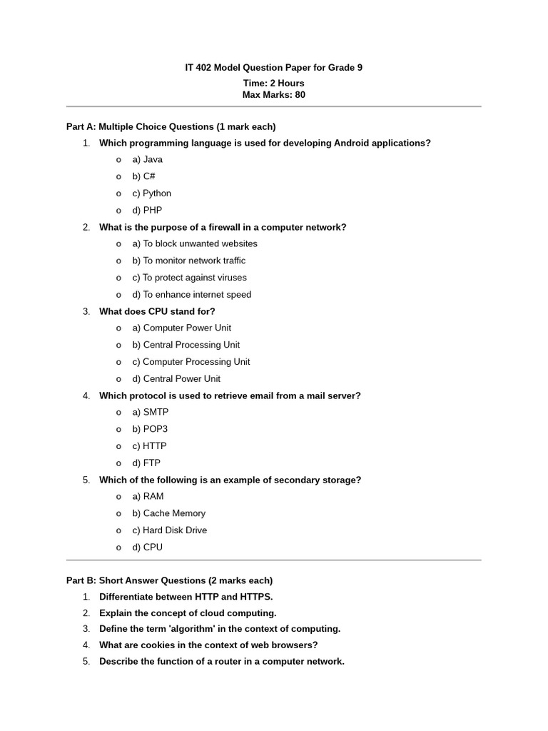 Grade 9 IT 402 Model Question Paper | PDF | Computer Network | Computing