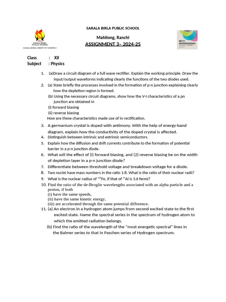 ASSIGNMENT 3 PHYSICS XII | PDF
