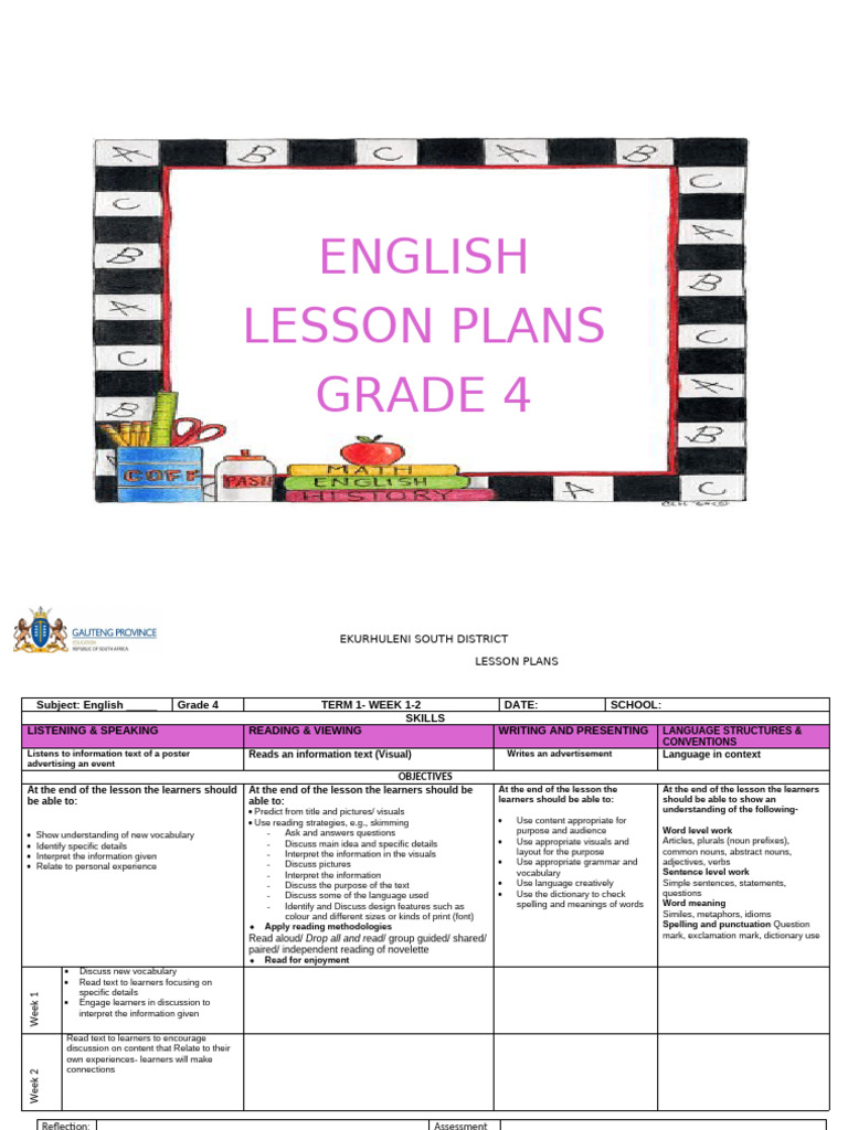 Grade 4 Lesson Plans 2023-2024-1 | PDF | Vocabulary | Reading Comprehension