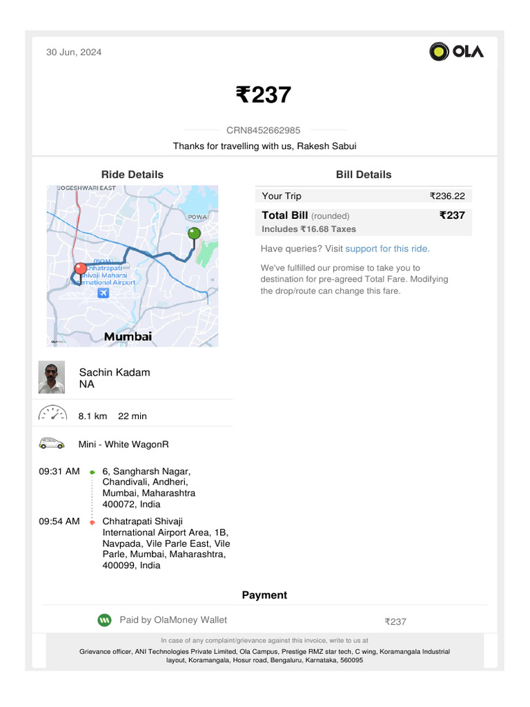 Ola Ride Invoice to Airport | PDF | Invoice | Payments