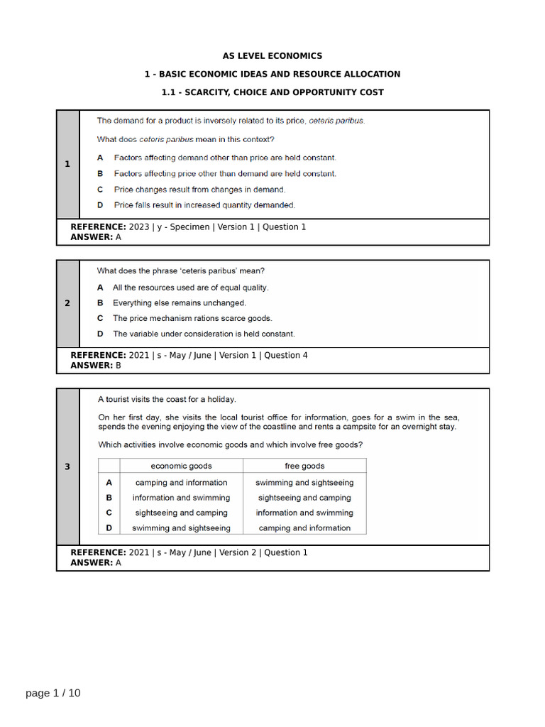 AS Level Economics - 1.1 - Scarcity, Choice and Opportunity Cost | PDF ...