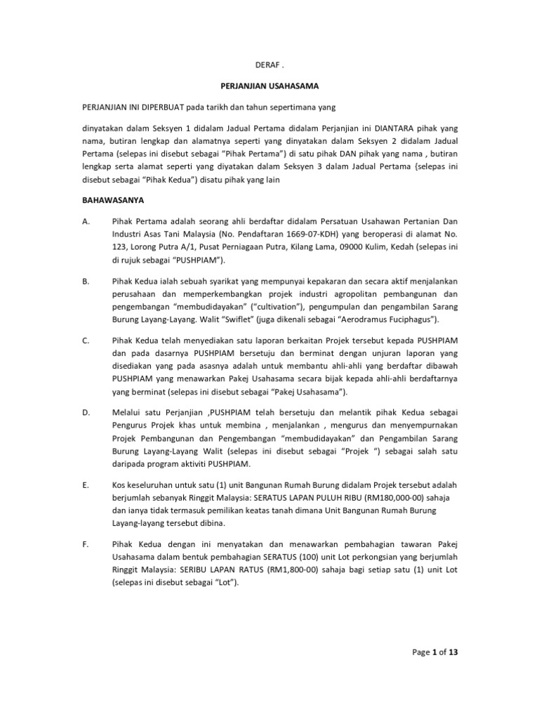 DERAF-Perjanjian Usahama | PDF