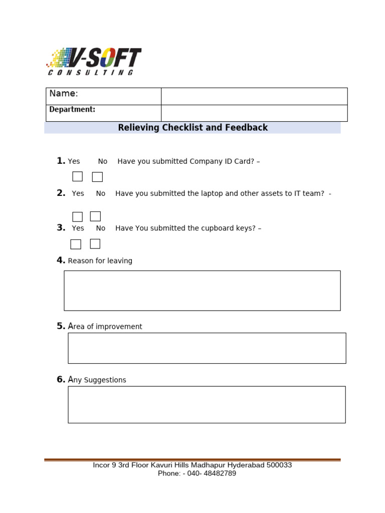 Relieving Checklist and Feedback Form | PDF