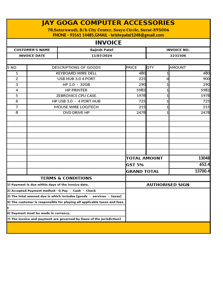 Invoice for Computer Accessories Sale | PDF