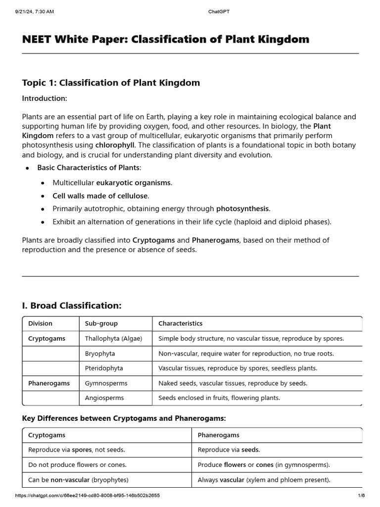NEET White Paper Classification of Plant Kingdom | PDF | Plants ...