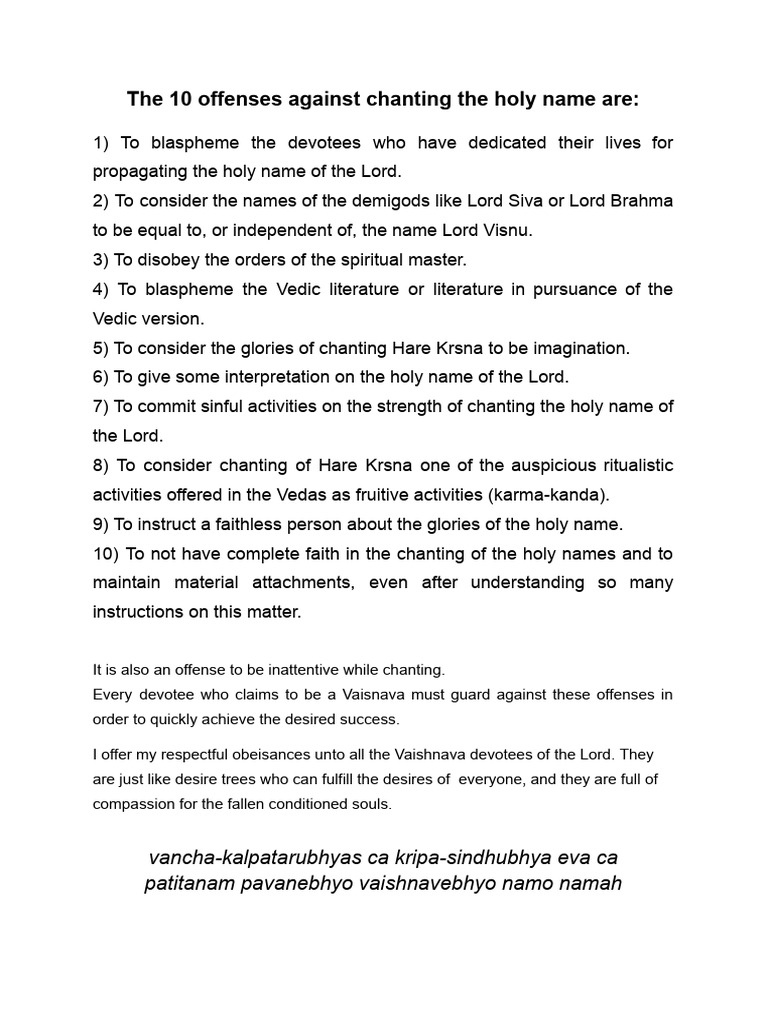 Ten Offenses to Chanting the Holy Name | PDF