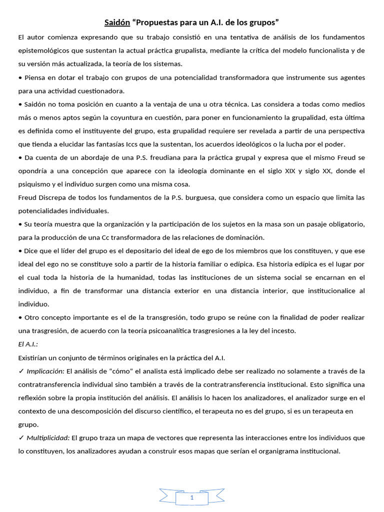 Análisis Institucional en Psicoterapia Grupal | PDF | Yo | Ideologías