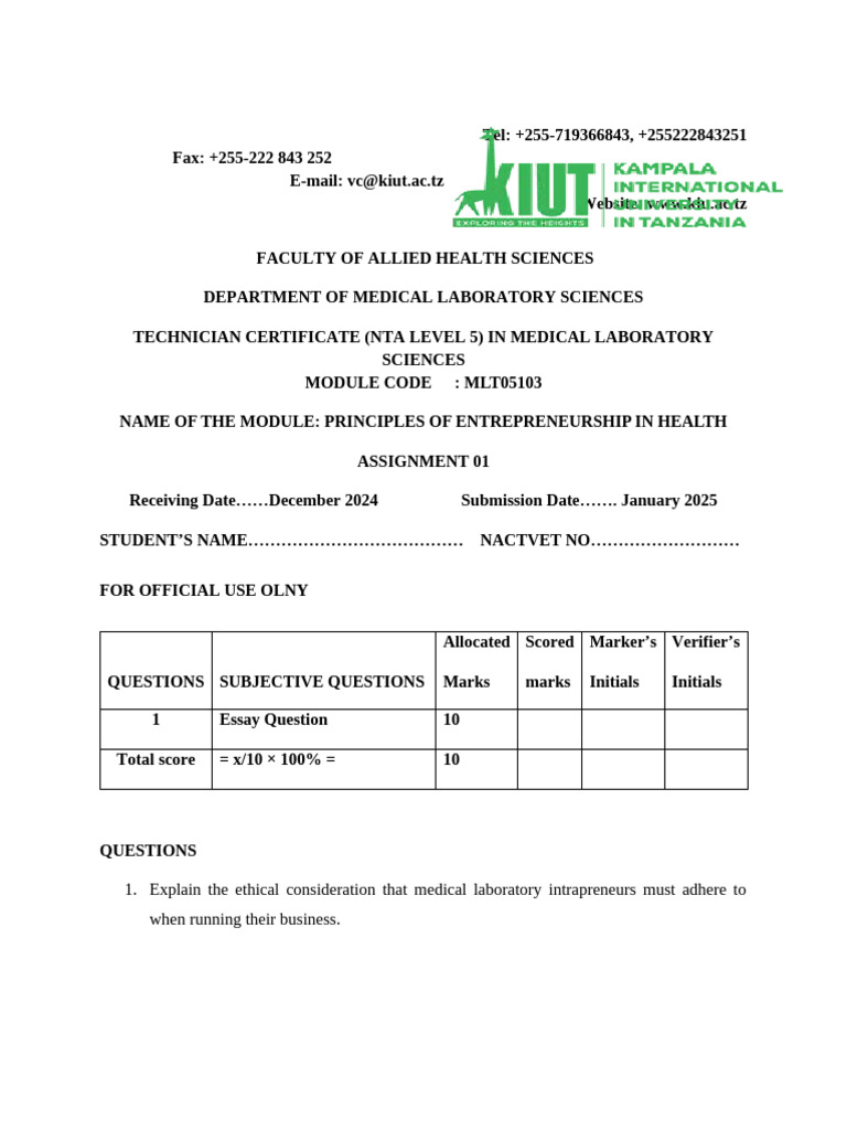Medical Lab Sciences Entrepreneurship Assignment | PDF