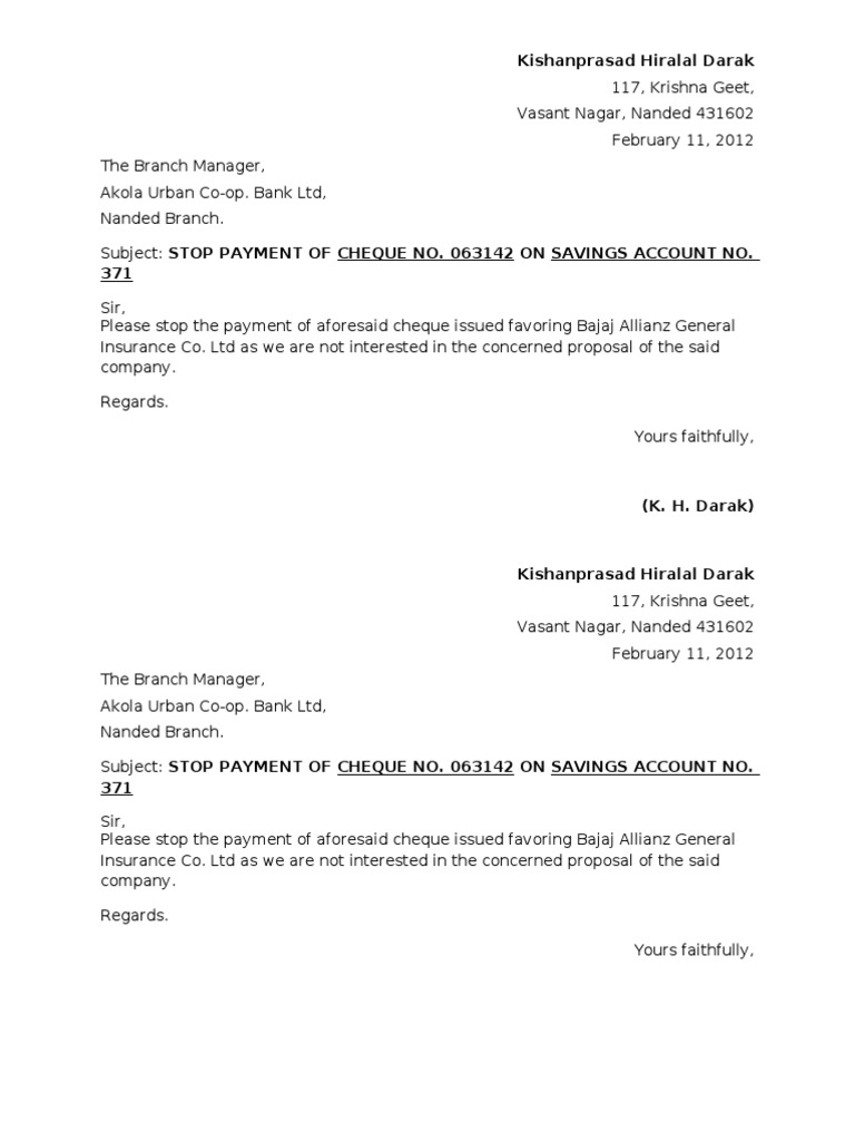 Stop Payment Request for Cheque 063142 | PDF
