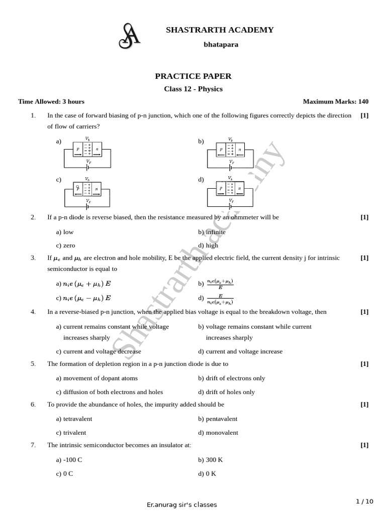 Class 12 Physics Practice Paper | PDF | P–N Junction | Diode