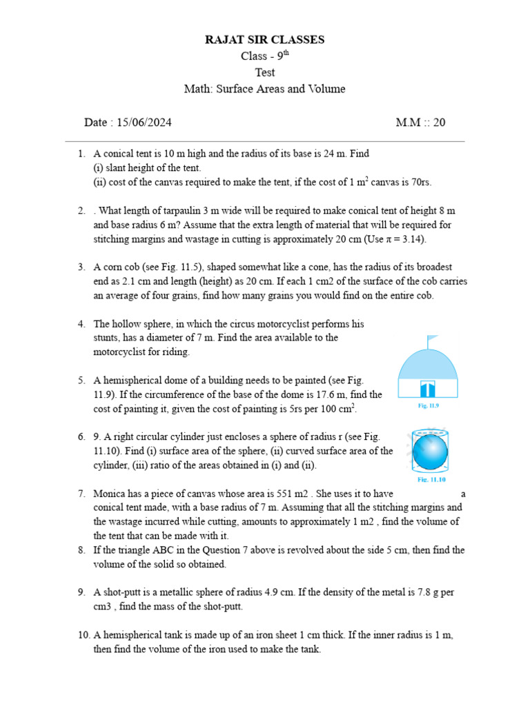 Class 9 Math: Surface Areas & Volume Test | PDF