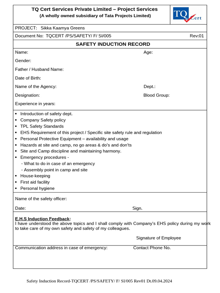 Safety induction record tqcertipmssafetysir 001 rev01 dt 09 04 2024 pdf