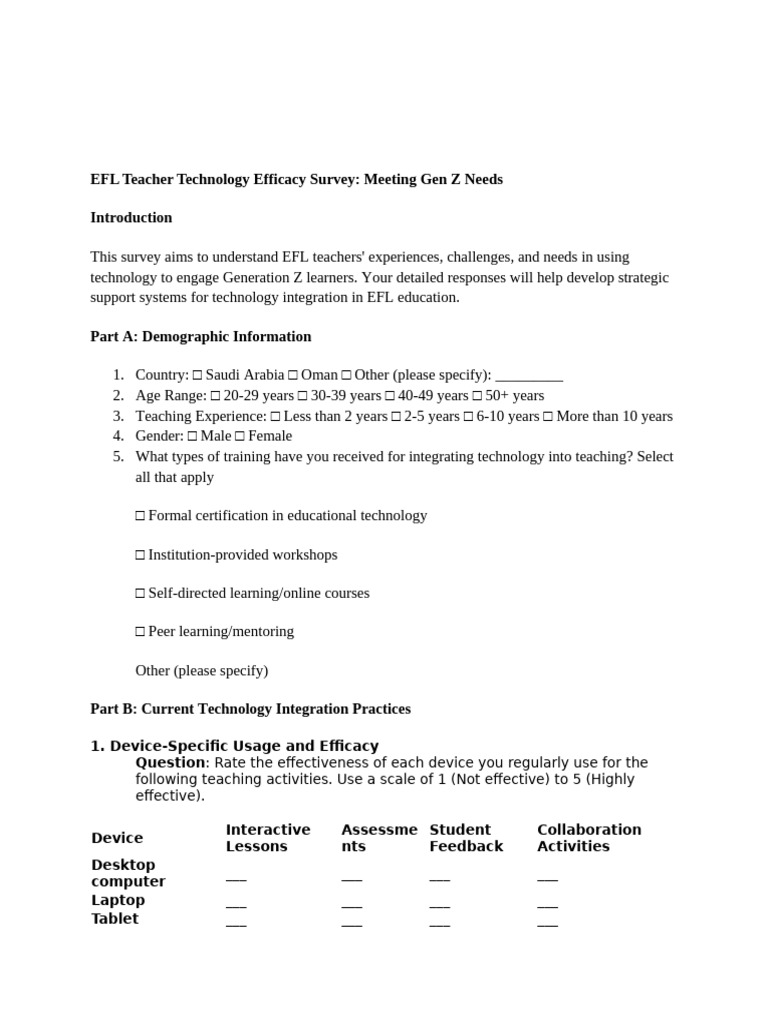 EFL Teacher Technology Efficacy in Meeting Gen Z Needs - Survey | PDF ...