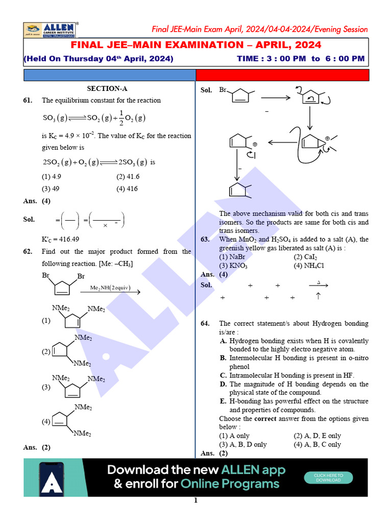 JEE Main April 2024 Chemistry Solutions | PDF | Chemical Bond ...