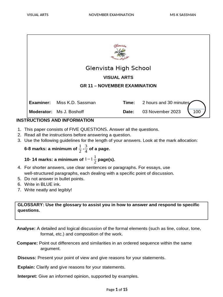 Grade 11 Visual Arts November Exam | PDF | Impressionism | Composition ...